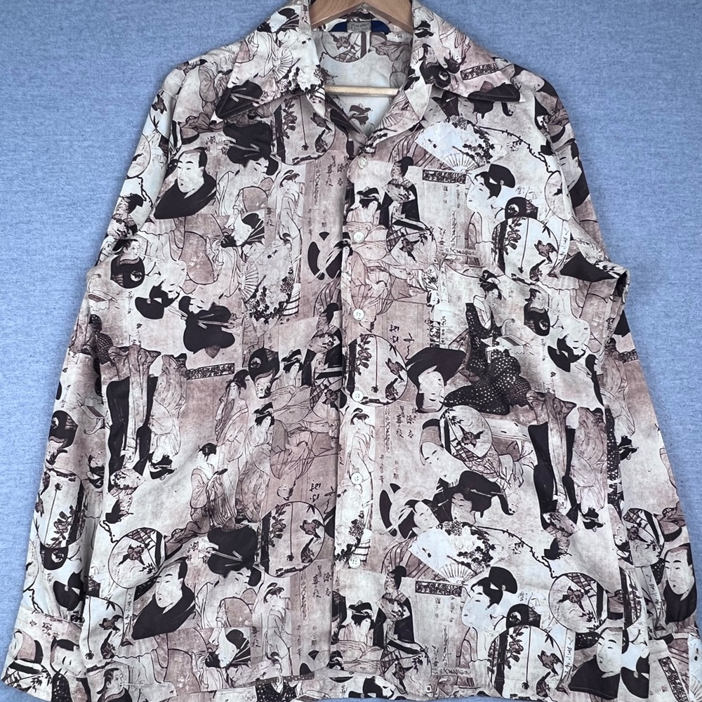 VTG 1970's Pierre La Grande Poly Asian Character LONG SLEEVE SHIRT L‎ - Picture 2 of 7